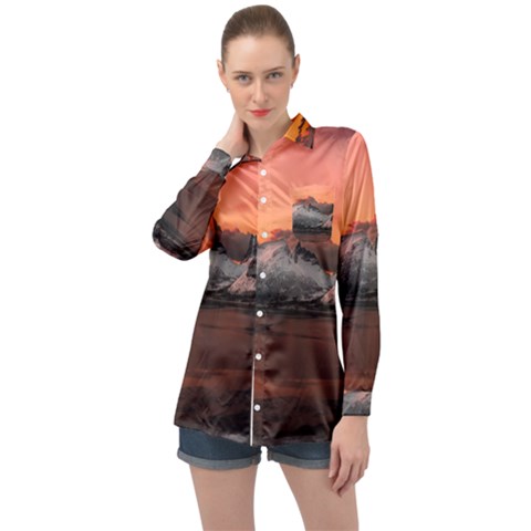 Surreal Mountain Landscape Lake Long Sleeve Satin Shirt by Bedest