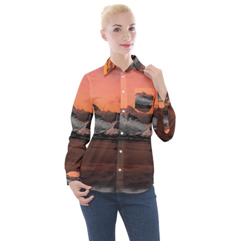 Surreal Mountain Landscape Lake Women s Long Sleeve Pocket Shirt by Bedest