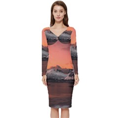 Surreal Mountain Landscape Lake Long Sleeve V-neck Bodycon Dress  by Bedest