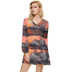 Surreal Mountain Landscape Lake Tiered Long Sleeve Mini Dress by Bedest