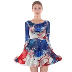 Red White And Blue Alcohol Ink American Patriotic  Flag Colors Alcohol Ink Long Sleeve Skater Dress by PodArtist