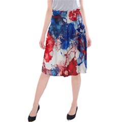 Red White And Blue Alcohol Ink American Patriotic  Flag Colors Alcohol Ink Midi Beach Skirt by PodArtist