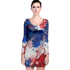 Red White And Blue Alcohol Ink American Patriotic  Flag Colors Alcohol Ink Long Sleeve Velvet Bodycon Dress