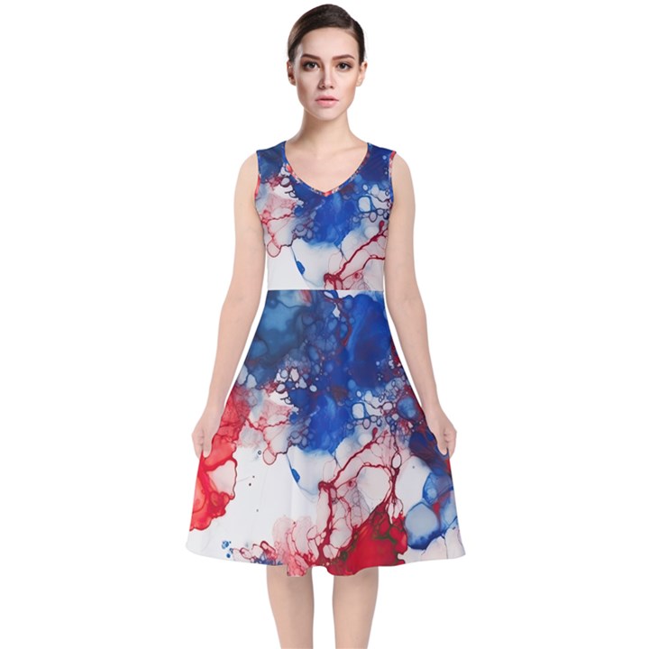 Red White and Blue Alcohol Ink American Patriotic  Flag Colors Alcohol Ink V-Neck Midi Sleeveless Dress 