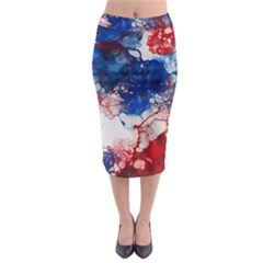 Red White And Blue Alcohol Ink American Patriotic  Flag Colors Alcohol Ink Midi Pencil Skirt by PodArtist