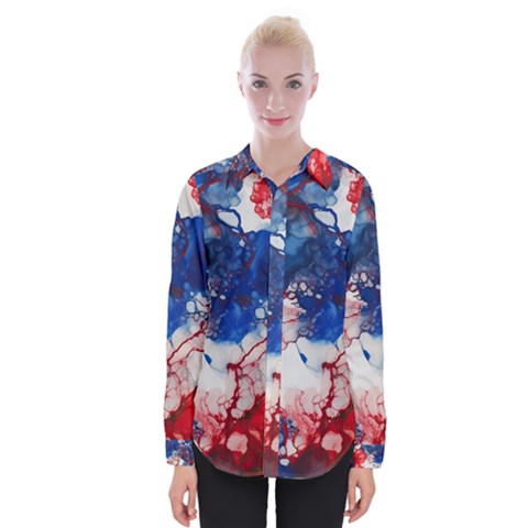 Red White And Blue Alcohol Ink American Patriotic  Flag Colors Alcohol Ink Womens Long Sleeve Shirt by PodArtist