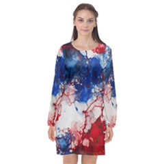 Red White And Blue Alcohol Ink American Patriotic  Flag Colors Alcohol Ink Long Sleeve Chiffon Shift Dress  by PodArtist