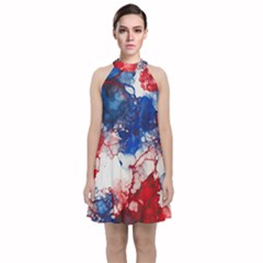 Red White And Blue Alcohol Ink American Patriotic  Flag Colors Alcohol Ink Velvet Halter Neckline Dress  by PodArtist