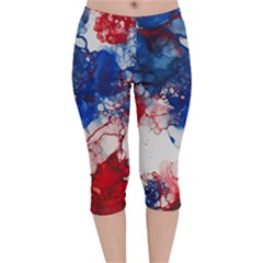 Red White And Blue Alcohol Ink American Patriotic  Flag Colors Alcohol Ink Velvet Capri Leggings  by PodArtist