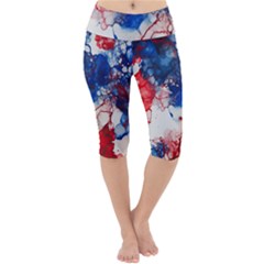 Red White And Blue Alcohol Ink American Patriotic  Flag Colors Alcohol Ink Lightweight Velour Cropped Yoga Leggings by PodArtist