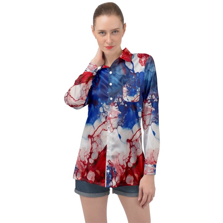 Red White and Blue Alcohol Ink American Patriotic  Flag Colors Alcohol Ink Long Sleeve Satin Shirt