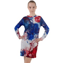 Red White And Blue Alcohol Ink American Patriotic  Flag Colors Alcohol Ink Long Sleeve Hoodie Dress