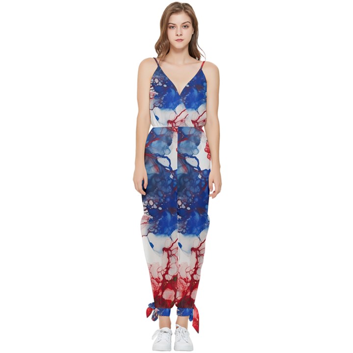 Red White and Blue Alcohol Ink American Patriotic  Flag Colors Alcohol Ink Sleeveless Tie Ankle Chiffon Jumpsuit