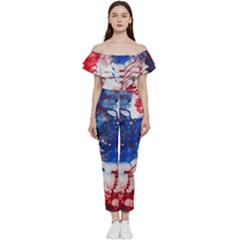 Red White And Blue Alcohol Ink American Patriotic  Flag Colors Alcohol Ink Bardot Ruffle Jumpsuit by PodArtist