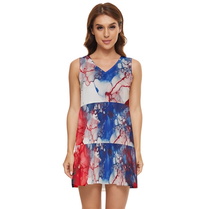 Red White and Blue Alcohol Ink American Patriotic  Flag Colors Alcohol Ink Tiered Sleeveless Mini Dress