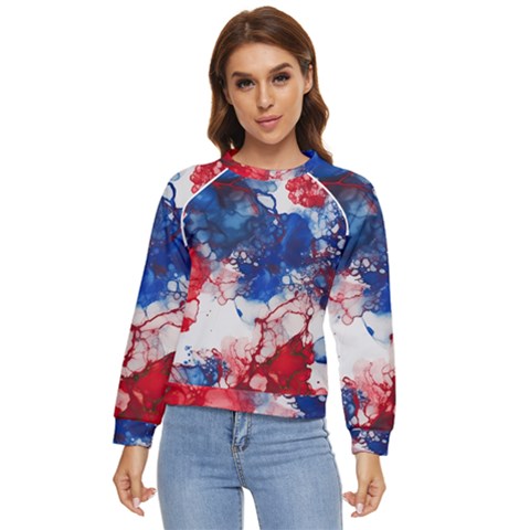 Red White And Blue Alcohol Ink American Patriotic  Flag Colors Alcohol Ink Women s Long Sleeve Raglan T-shirt by PodArtist