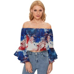 Red White And Blue Alcohol Ink American Patriotic  Flag Colors Alcohol Ink Off Shoulder Flutter Bell Sleeve Top