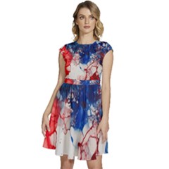 Red White And Blue Alcohol Ink American Patriotic  Flag Colors Alcohol Ink Cap Sleeve High Waist Dress by PodArtist