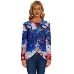 Red White And Blue Alcohol Ink American Patriotic  Flag Colors Alcohol Ink Long Sleeve Crew Neck Pullover Top by PodArtist