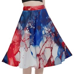 Red White And Blue Alcohol Ink American Patriotic  Flag Colors Alcohol Ink A-line Full Circle Midi Skirt With Pocket by PodArtist