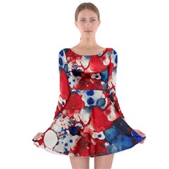 Red White And Blue Alcohol Ink France Patriotic Flag Colors Alcohol Ink  Long Sleeve Skater Dress by PodArtist