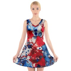 Red White And Blue Alcohol Ink France Patriotic Flag Colors Alcohol Ink  V-neck Sleeveless Dress