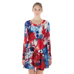 Red White And Blue Alcohol Ink France Patriotic Flag Colors Alcohol Ink  Long Sleeve Velvet V-neck Dress by PodArtist