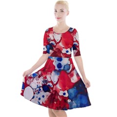 Red White And Blue Alcohol Ink France Patriotic Flag Colors Alcohol Ink  Quarter Sleeve A-line Dress by PodArtist