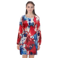 Red White And Blue Alcohol Ink France Patriotic Flag Colors Alcohol Ink  Long Sleeve Chiffon Shift Dress  by PodArtist