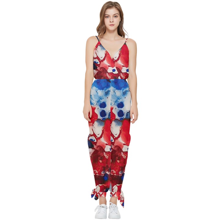 Red White and Blue Alcohol Ink France Patriotic Flag Colors Alcohol Ink  Sleeveless Tie Ankle Chiffon Jumpsuit