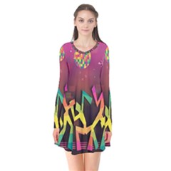 Dancing Colorful Disco Long Sleeve V-neck Flare Dress by Bajindul