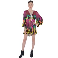 Dancing Colorful Disco V-neck Flare Sleeve Mini Dress by Bajindul