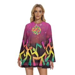 Dancing Colorful Disco Round Neck Long Sleeve Bohemian Style Chiffon Mini Dress