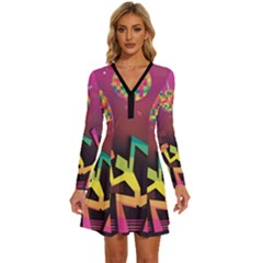 Dancing Colorful Disco Long Sleeve Deep V Mini Dress  by Bajindul