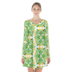 Green Pattern Retro Wallpaper Long Sleeve Velvet V-neck Dress