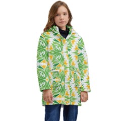 Green Pattern Retro Wallpaper Kids  Hooded Longline Puffer Jacket by Bajindul