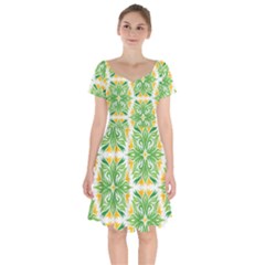 Green Pattern Retro Wallpaper Short Sleeve Bardot Dress by Bajindul