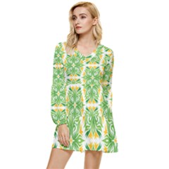 Green Pattern Retro Wallpaper Tiered Long Sleeve Mini Dress by Bajindul