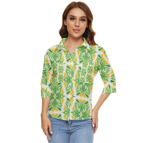 Green Pattern Retro Wallpaper Women s Quarter Sleeve Pocket Shirt by Bajindul