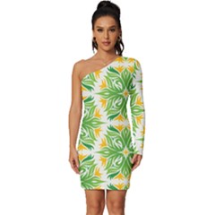 Green Pattern Retro Wallpaper Long Sleeve One Shoulder Mini Dress