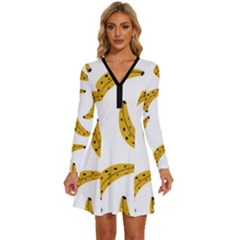 Banana Fruit Yellow Summer Long Sleeve Deep V Mini Dress 