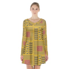 Digital Paper African Tribal Long Sleeve Velvet V-neck Dress