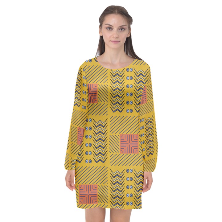 Digital Paper African Tribal Long Sleeve Chiffon Shift Dress 