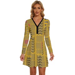 Digital Paper African Tribal Long Sleeve Deep V Mini Dress 