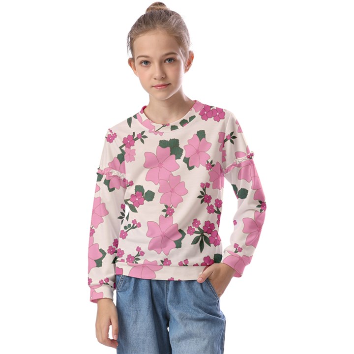 Floral Vintage Flowers Kids  Long Sleeve T-Shirt with Frill 