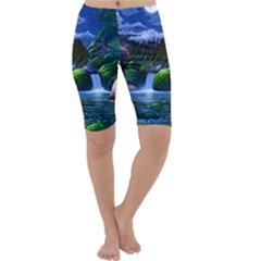 Flamingo Paradise Scenic Bird Fantasy Moon Paradise Waterfall Magical Nature Cropped Leggings  by Ndabl3x