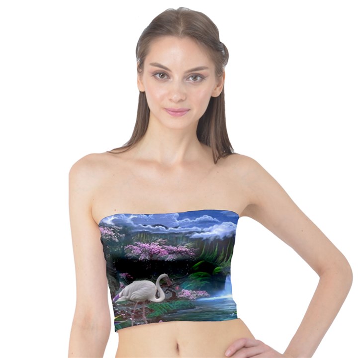 Flamingo Paradise Scenic Bird Fantasy Moon Paradise Waterfall Magical Nature Tube Top