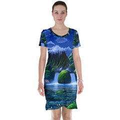 Flamingo Paradise Scenic Bird Fantasy Moon Paradise Waterfall Magical Nature Short Sleeve Nightdress by Ndabl3x