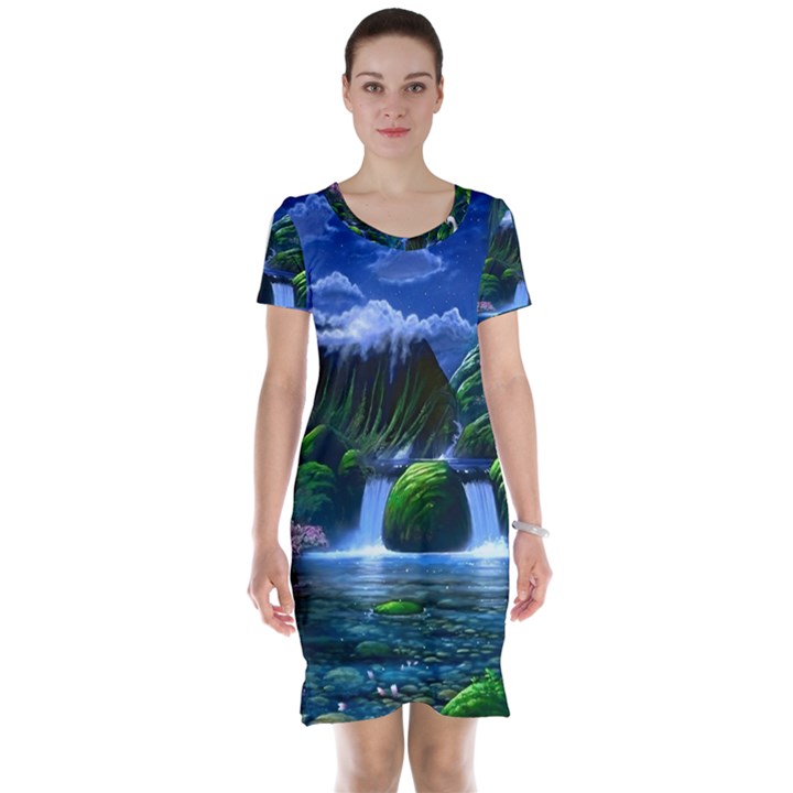 Flamingo Paradise Scenic Bird Fantasy Moon Paradise Waterfall Magical Nature Short Sleeve Nightdress