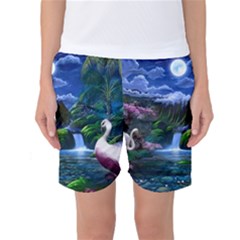 Flamingo Paradise Scenic Bird Fantasy Moon Paradise Waterfall Magical Nature Women s Basketball Shorts by Ndabl3x